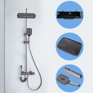 ( طلب مسبق ) شاور سيستم بيانو 4 مخرج الخلاط ليد مضيئ وشاشة 41038 عامود دش بالخلاط اللون جراي مستورد