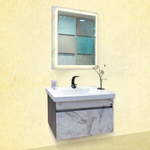 ( طلب مسبق ) وحدة حمام خشب كونتر جودوود الين بلس 60 سم بالحوض ديورافيت 1 درج والمرآة ليد اللون رخامي جراي من دانيال