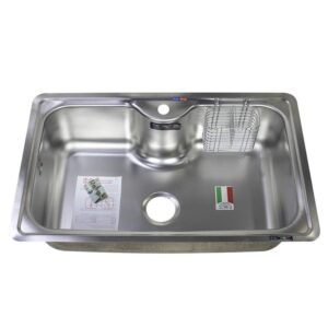 ( طلب مسبق ) حوض مطبخ ستانلس ستيل TS 800 مقاس 50.5 × 80.5 سم (داخلى 42 × 72سم) سُمك 1مللى مع صفاية ملاعق وفتحة خلاط بصرف 3 بوصة مصرى إيطالى من TS