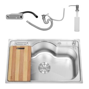 حوض مطبخ ستانلس ستيل SS 8050 مقاس 50 × 80 سم عمق 24 سم سُمك 0.8 مللي بضاغط صابون وصفاية سكاكين وقورمة ومجموعة الصرف 4 بوصة صفاية من سيفين ستيل