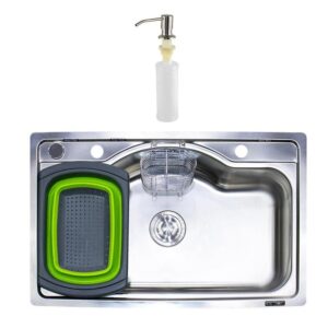 حوض - حله مطبخ ستانلس ستيل TS 801 مقاس 80 × 50.5 سم عمق 19.5سم سُمك 1مللى بعدد 2 صفاية وديسبنسر 3 فتحة بالصرف 3 بوصة مصرى إيطالى من TS